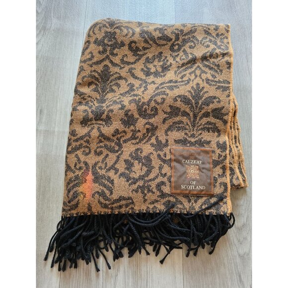Calzeat Of Scotland Vintage Wool Brown & Black Damask Throw Blanket 46"x56" - Picture 2 of 4